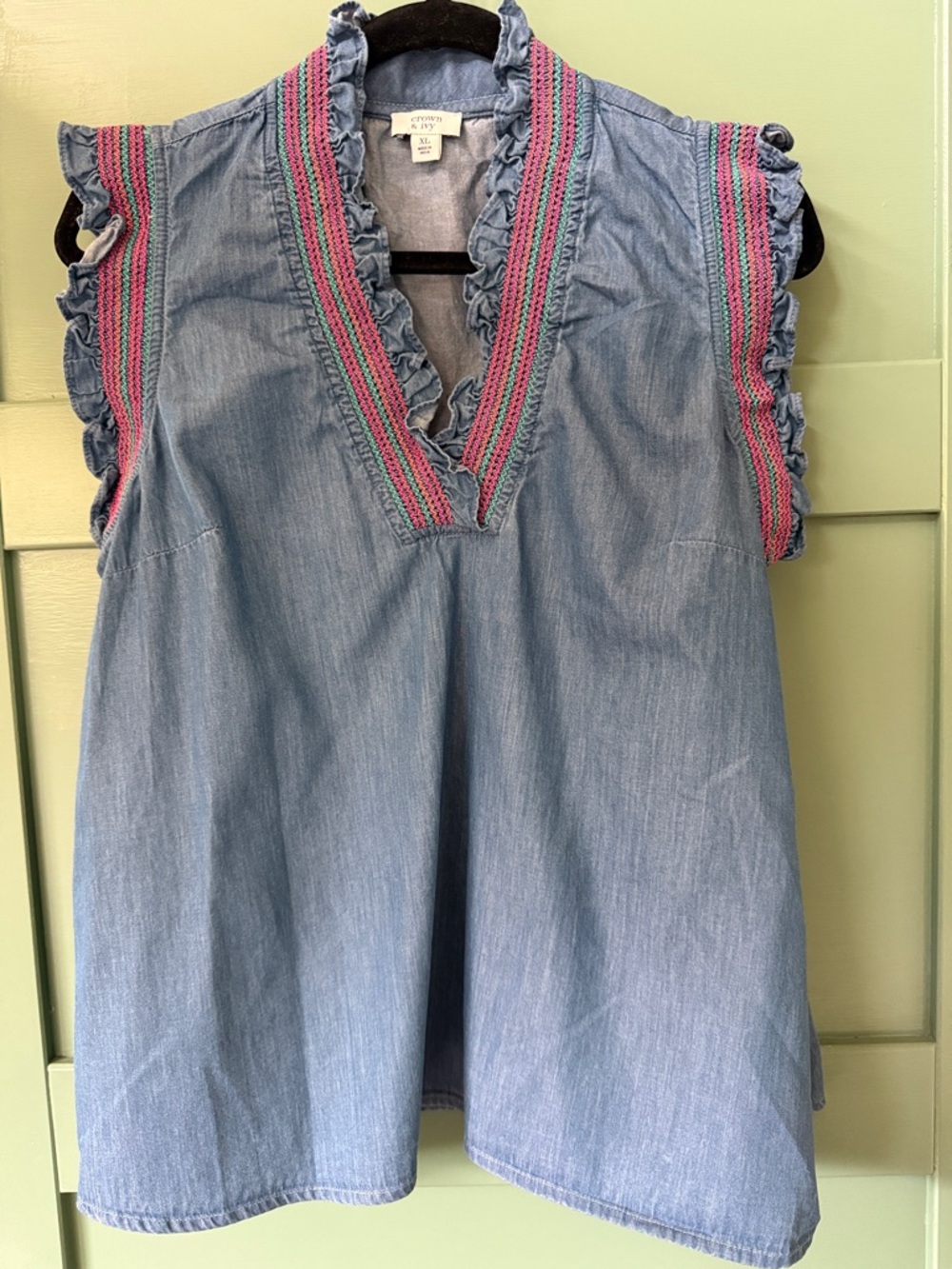 crown & ivy Chambray Tunic with Pink & Green Trim